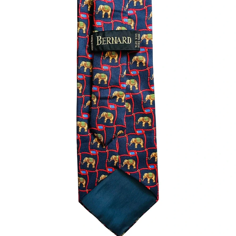 Bernard Silk Tie Navy Blue Elephant Animal Print Geometric Made in France Mens